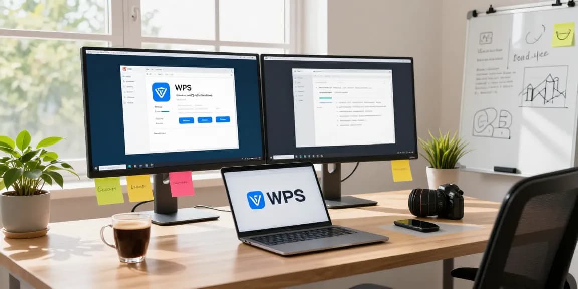 Download WPS Office on a modern home office laptop setup, showcasing productivity.