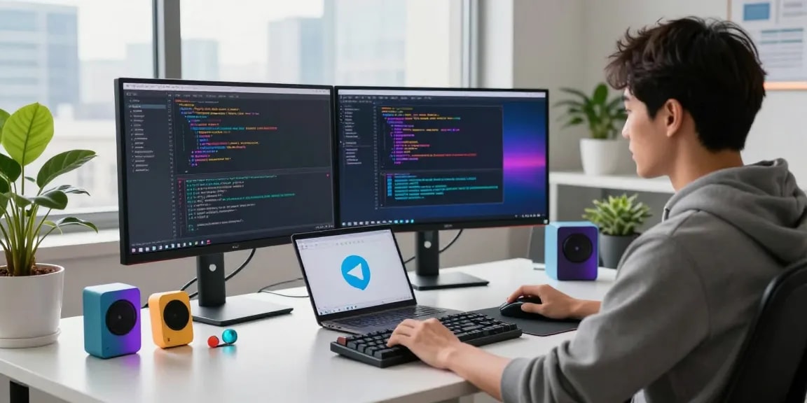 Efficient workspace showing a developer using Telegram Download on dual monitors, symbolizing secure communication.