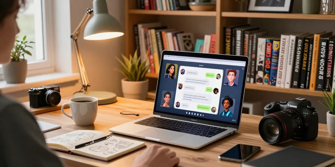 Engaging with CrushonAI in a cozy home office, showcasing AI conversations and vibrant decor.
