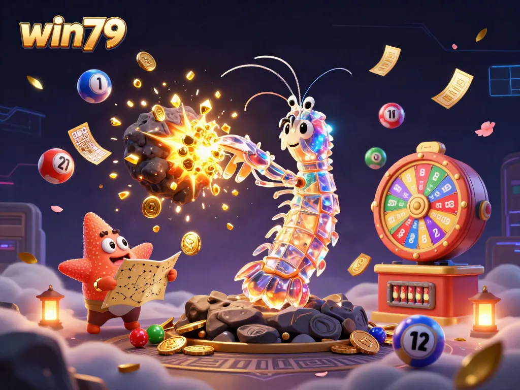 Experience the thrill of win79 with a galactic samurai and a starfish navigating a dynamic casino scene.