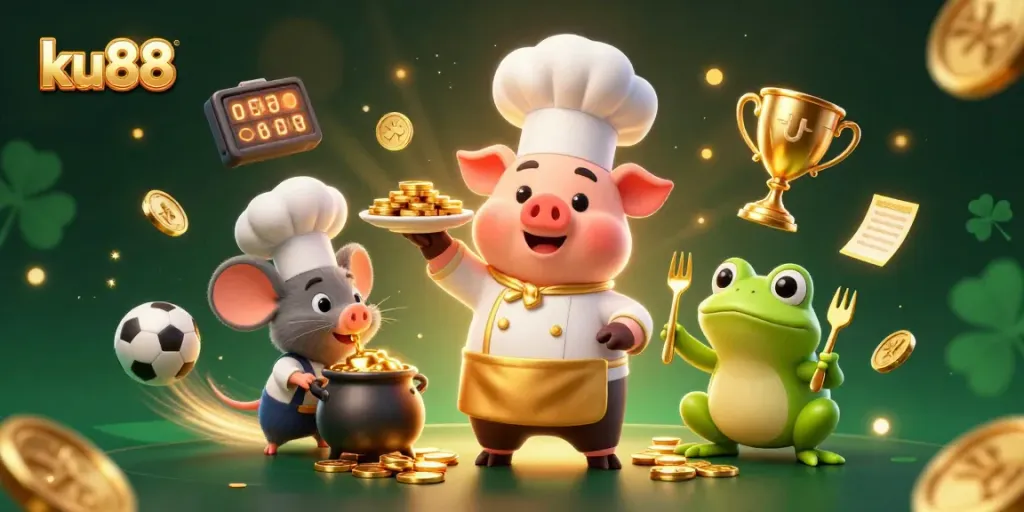 ku88 celebrates winning moments at the casino with a chef pig serving gold coins and dynamic sports elements.