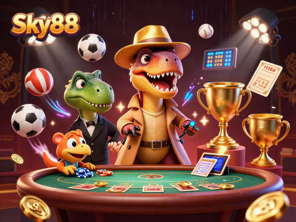Sky88 showcases a thrilling betting scene with a velociraptor and stegosaurus at a blackjack table.