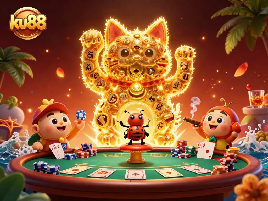 Experience the excitement of ku88 with a vibrant casino scene featuring a lucky cat and dynamic poker elements.