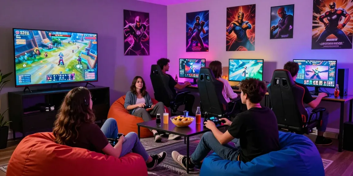 Group enjoying a multiplayer porn game in a vibrant gaming setting