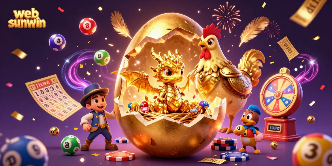 Experience the excitement at web sunwin with shiny golden eggs, bouncing lottery balls, and thrilling casino elements.