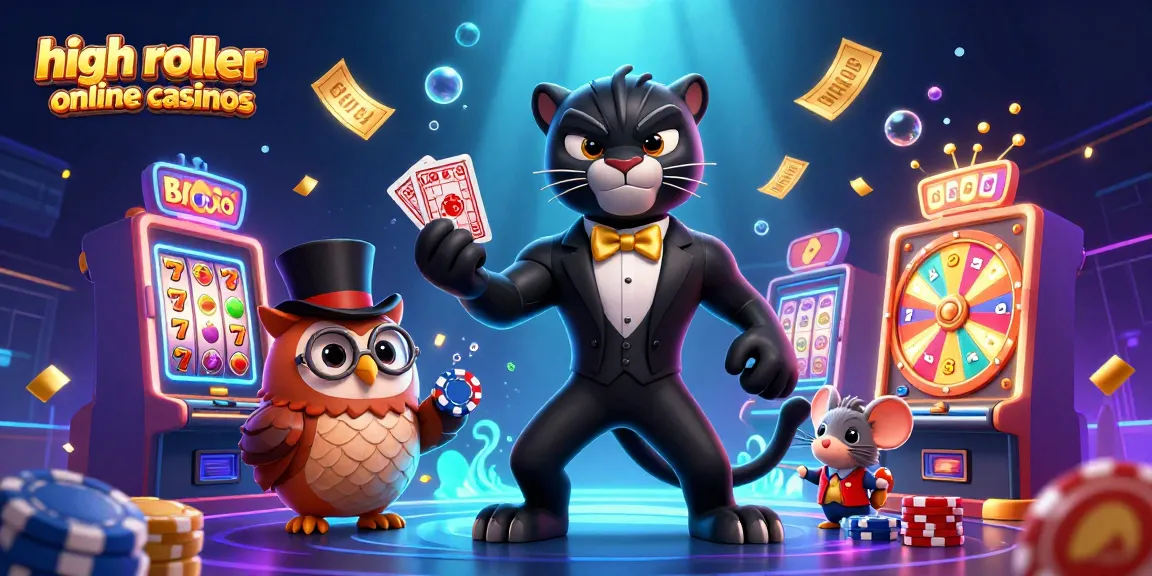 Engage in high roller online casinos with a vivid 3D scene of a tuxedo-clad panther, an owl, and a lucky mouse among slot games.