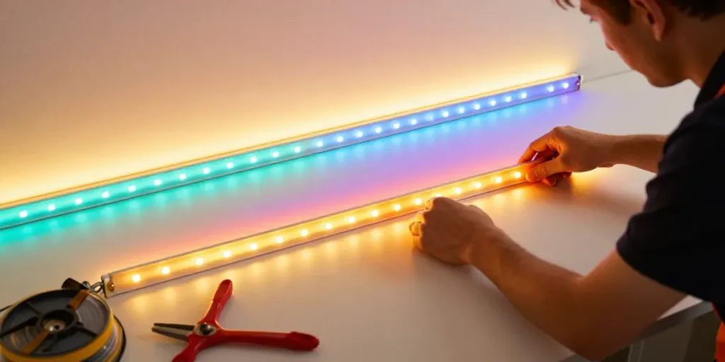 Instalator profesionist montând banda led 220v într-un interior modern, oferind soluții de iluminat de calitate.