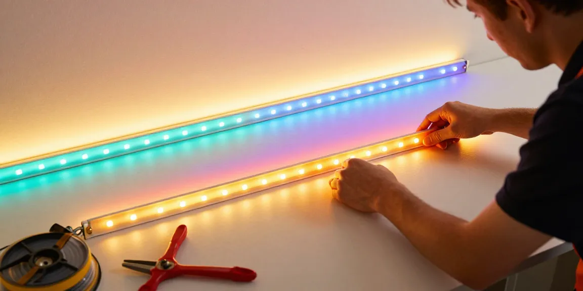 Instalator profesionist montând banda led 220v într-un interior modern, oferind soluții de iluminat de calitate.