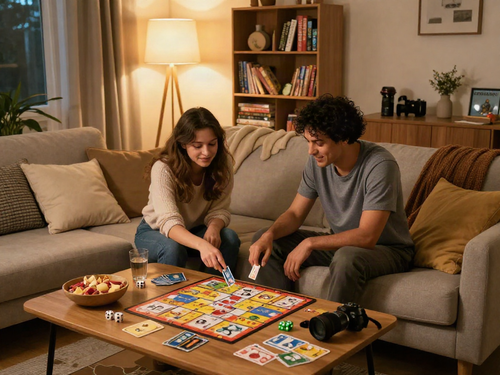 Couple enjoying sex games during a cozy game night in their living room.