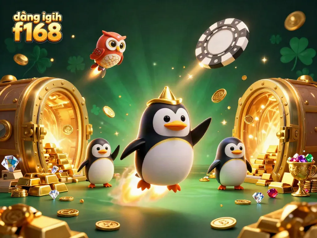 Experience gaming excitement with đăng nhập f168 as a golden penguin launches toward a casino space station.