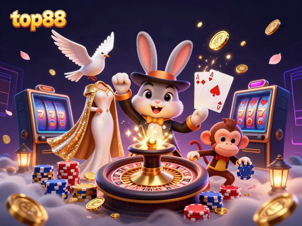 Experience top88 gaming excitement with a magician rabbit pulling coins, spinning roulette, and poker chips.