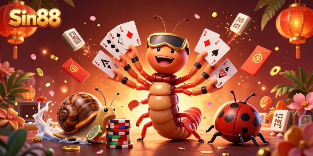 Sin88 casino experience illustrated with vibrant 3D characters and dynamic festive elements.