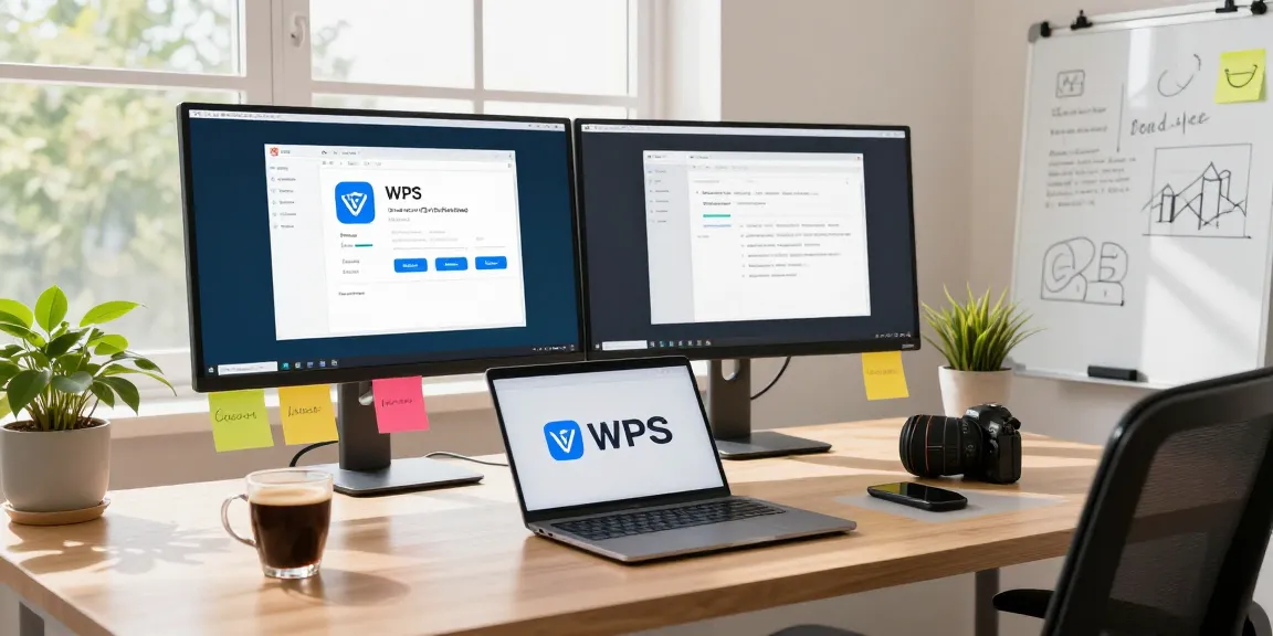 Download WPS Office on a modern home office laptop setup, showcasing productivity.