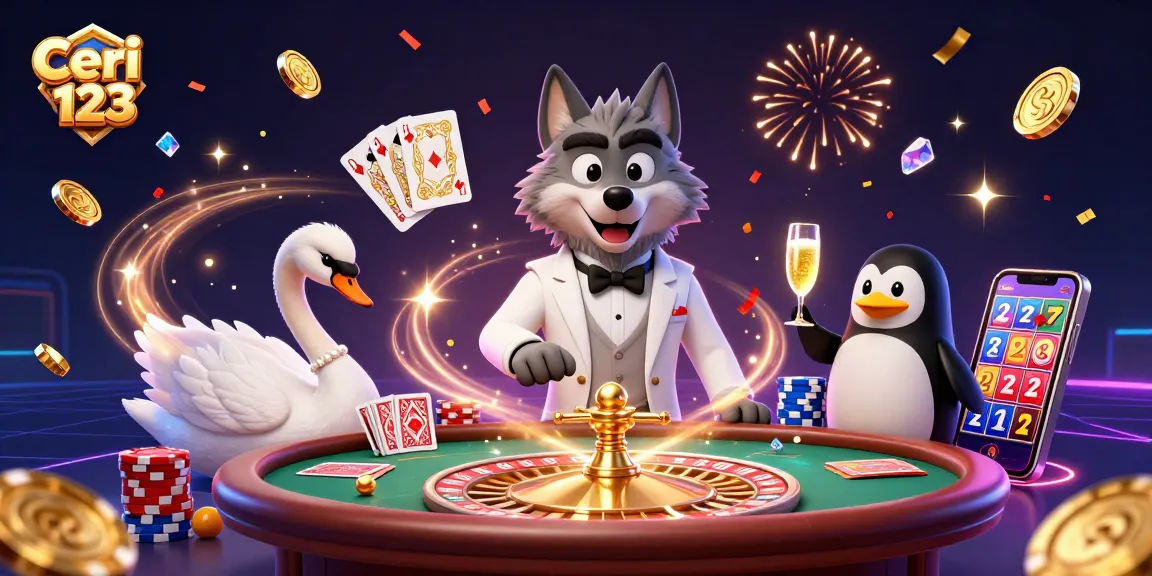 Ceri 123 casino site featuring a debonair wolf, elegant swan, and sophisticated penguin amidst golden coins and spinning roulette