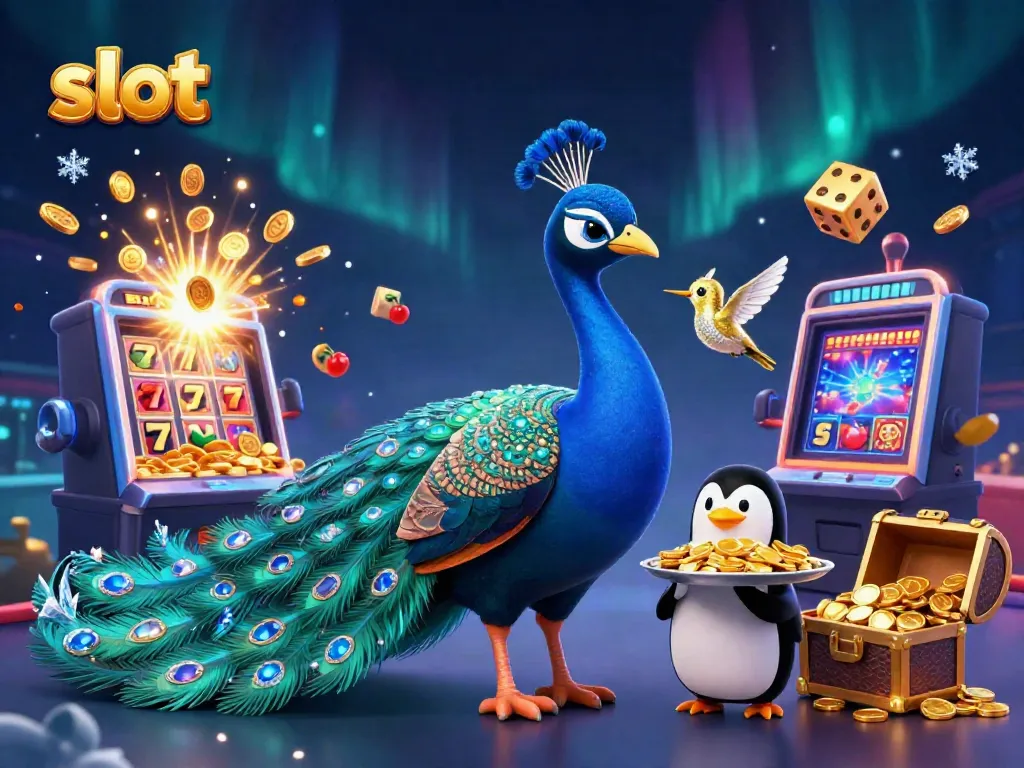 Experience thrilling slot gameplay with stunning peacock, golden chips, and jackpot symbols in this vibrant illustration.