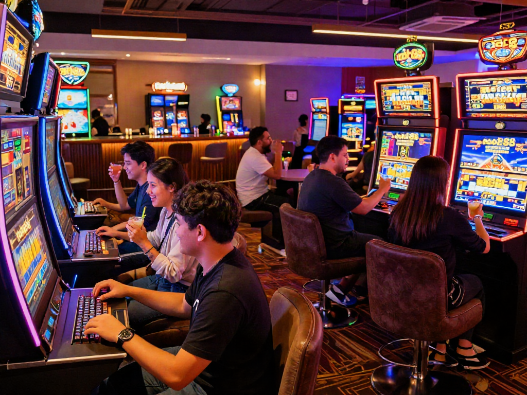 Engaging scene of players enjoying rokok88 rtp gaming in a lively casino lounge.