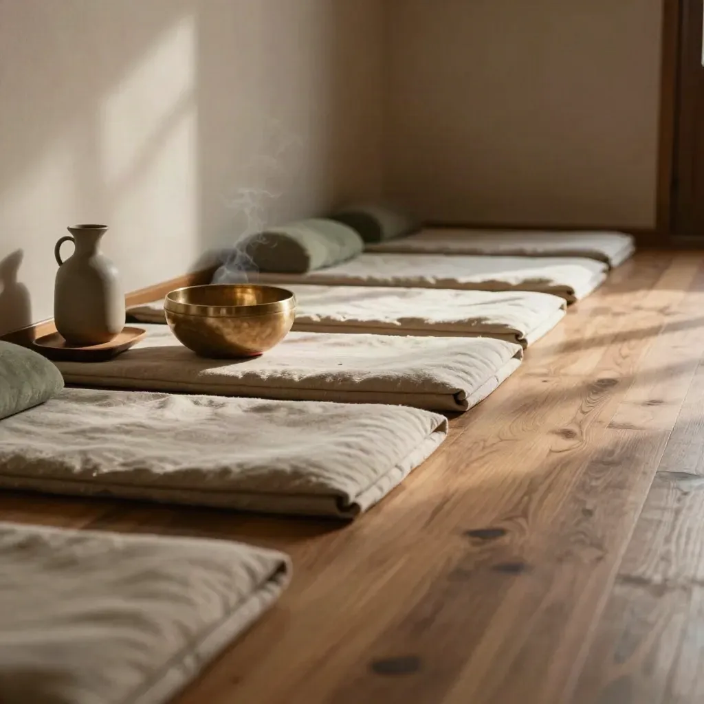Meditation cushions, singing bowl, cedar tray and water carafe in a quiet studio corner.