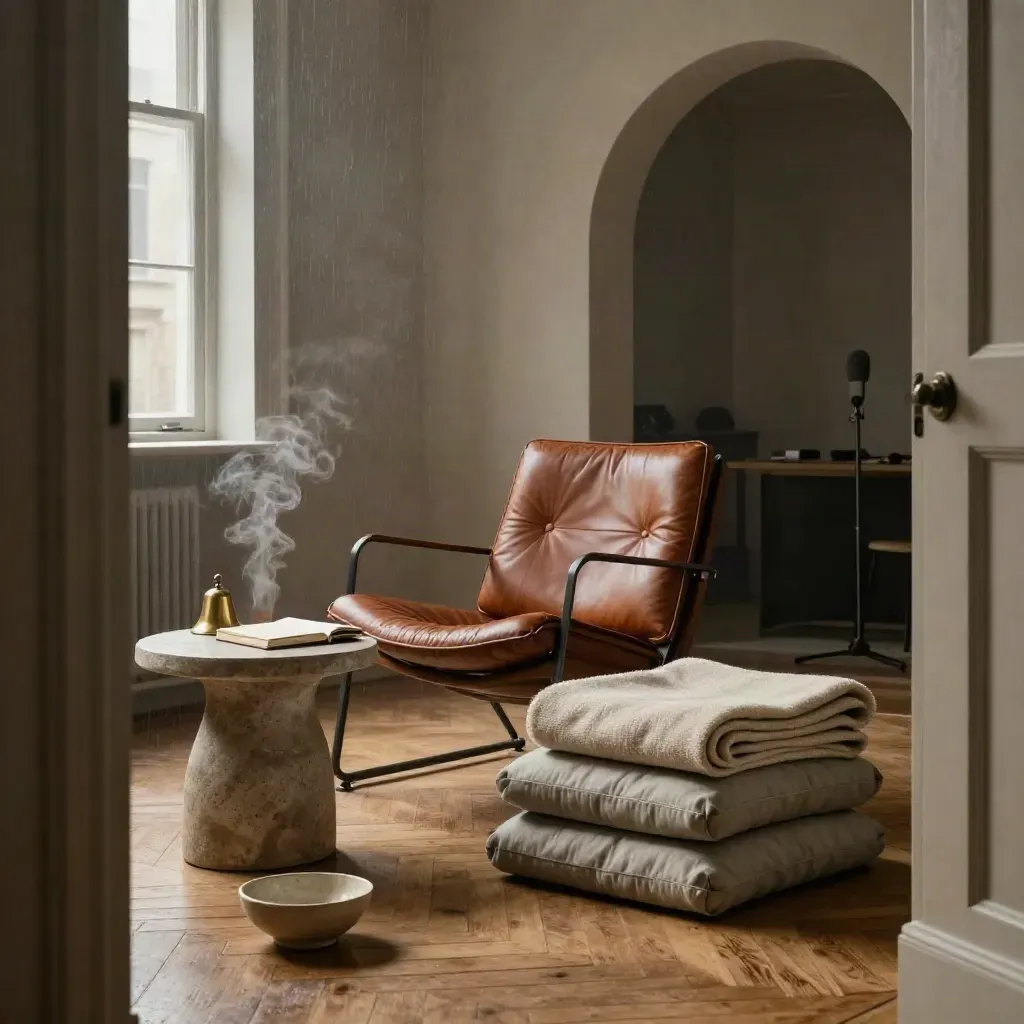 Moody Brussels coaching studio with chair, cushions, blankets, brass bell and steam in dawn light.