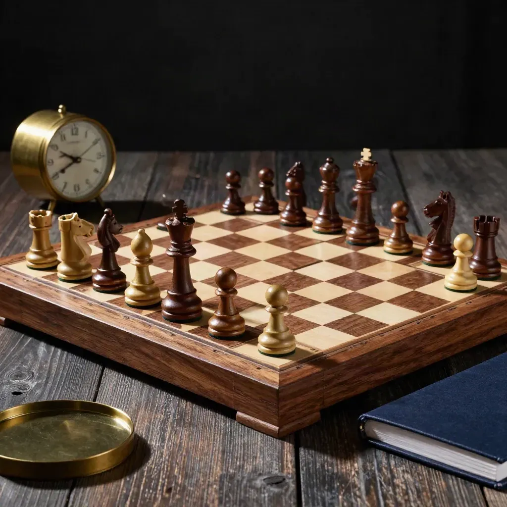Chess pieces in a decisive formation beside a brass clock and closed navy notebook on walnut.