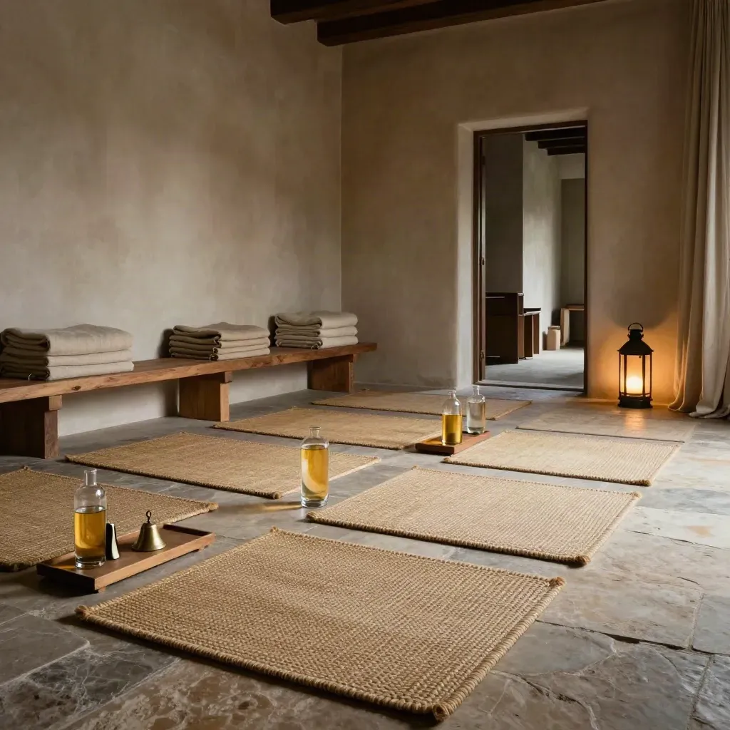 Lantern-lit retreat room with woven mats, blankets, carafes, and a brass bell
