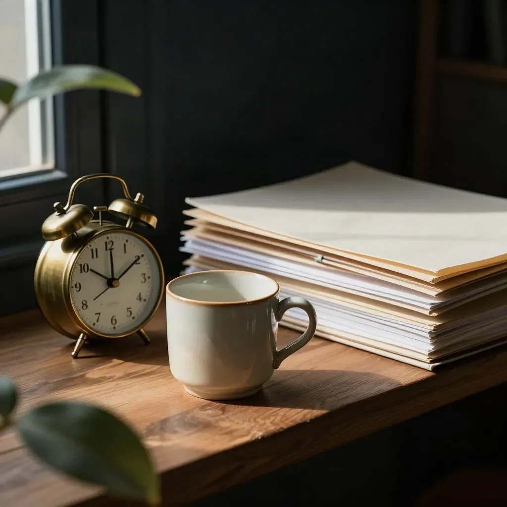 Headteacher office still life with brass clock, ceramic cup, folders and plant in morning light