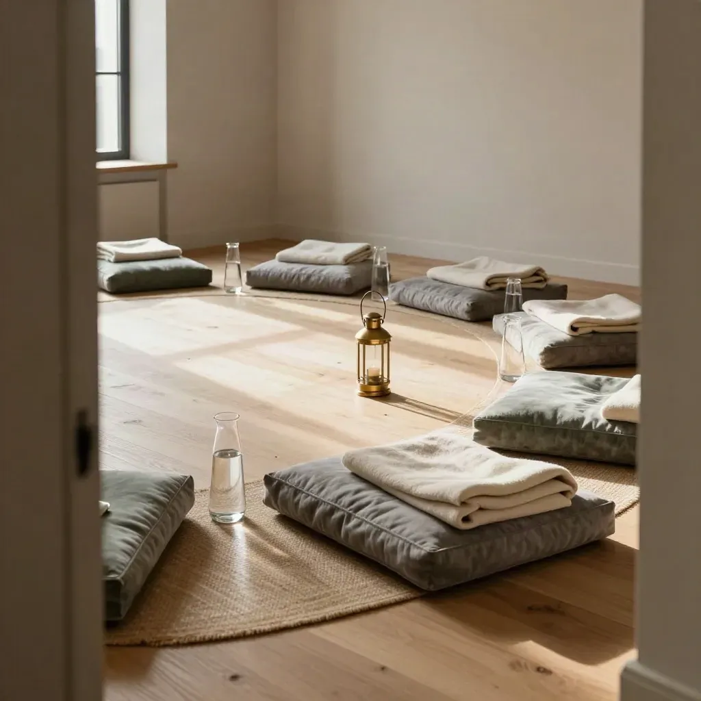 Empty retreat room with cushions, blankets, lantern and water carafes on a woven rug.