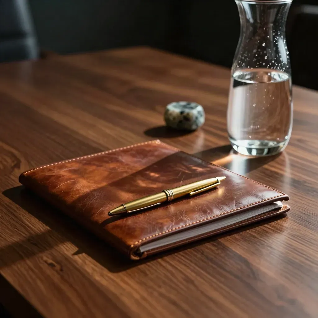 Macro of a walnut boardroom table with a leather folder, brass pen, stone weight and water carafe.