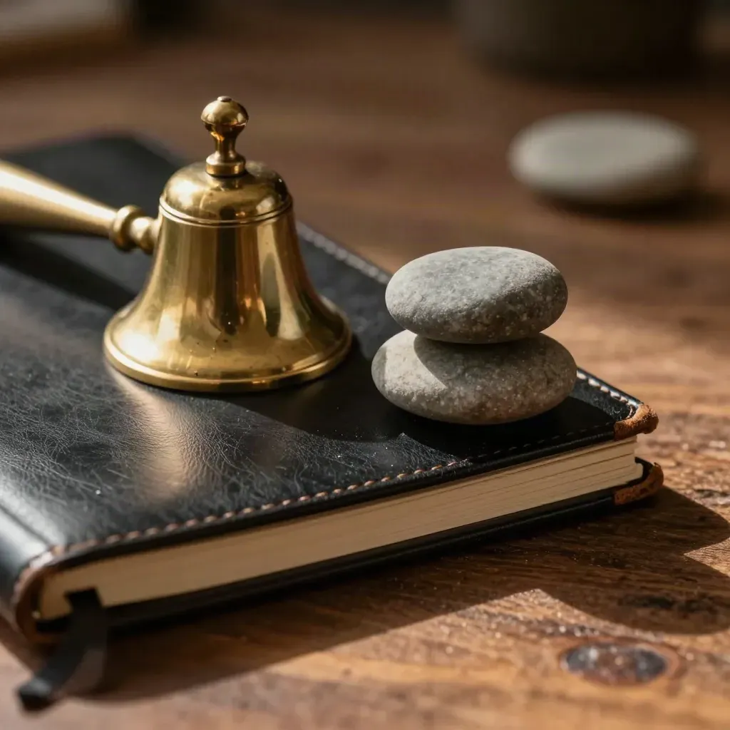 Macro still life of a black leather notebook, brass bell, and balanced river stones on walnut.