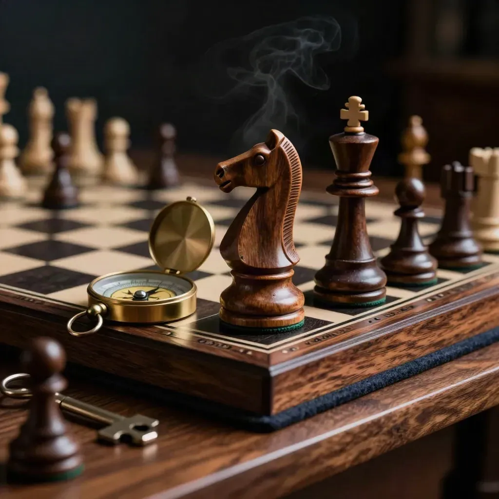 Chess knight and brass compass on a dark oak board, lit dramatically on a shadowed shelf.