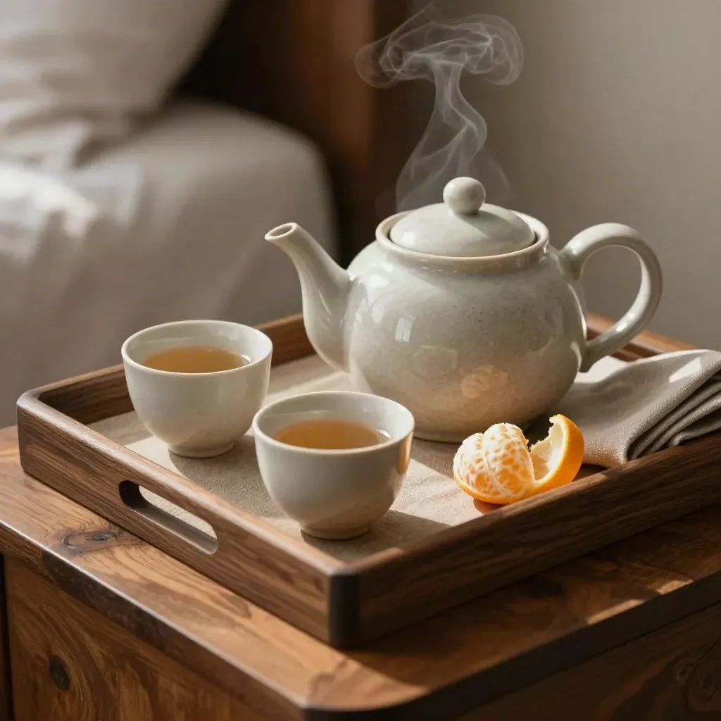 Top-down tea tray with stone teapot, cups, linen and citrus curl on a retreat bedside table.