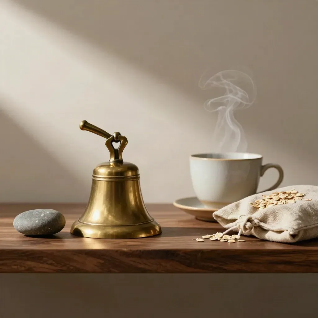 Brass bell, steaming cup, stone and linen pouch on a dark wood shelf