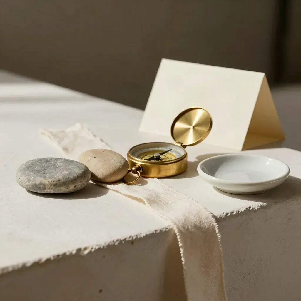 Brass compass, aligned stones, linen ribbon, and ceramic dish on a plaster ledge.