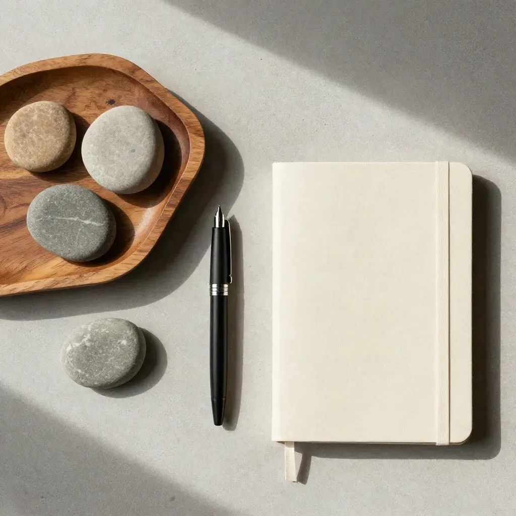 Overhead flatlay of speaking stones, pen, closed notebook and teak tray on pale concrete.