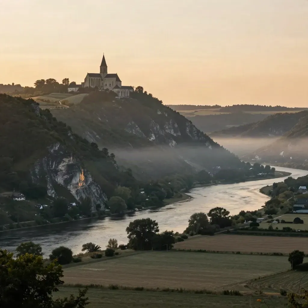 Hazy Meuse valley at sunset with abbey silhouette and limestone cliffs