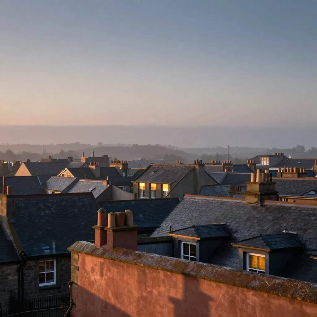 Twilight European skyline with lit windows, haze, and calm dark rooftop space for copy.