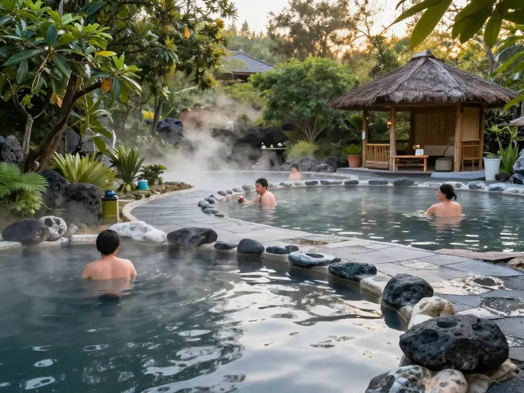 Guests experiencing the rokok88 volcanic hot springs retreat, surrounded by nature.