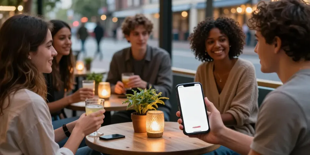 Friends engaging over rokok88 app in a cozy urban café.