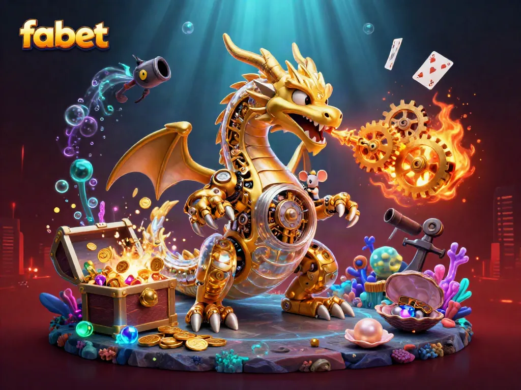 Experience fabet's dynamic gaming world with a golden dragon and treasure-filled underwater scene.