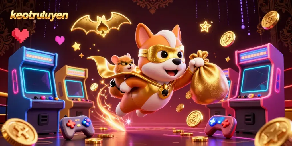 Experience keotructuyen revolutionizing your gaming with a superhero dog soaring amidst dynamic casino elements.