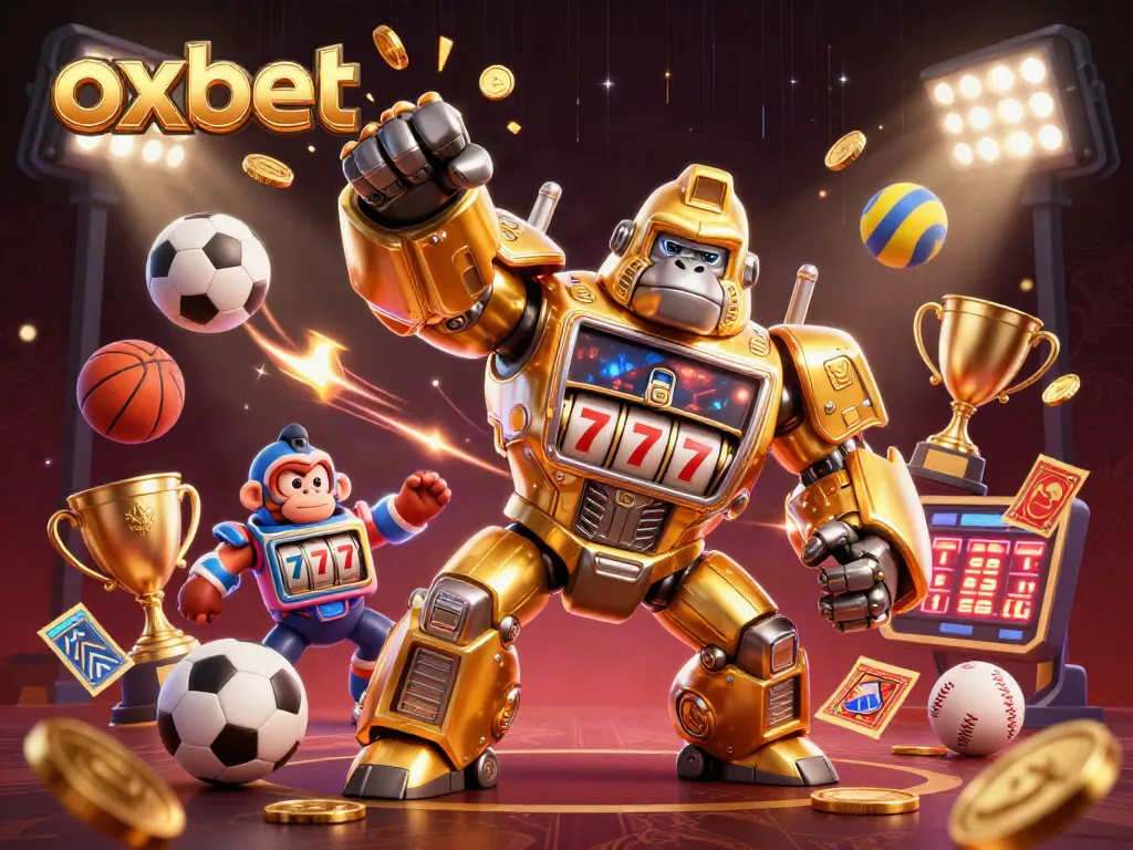 Witness the excitement of oxbet as a golden mech celebrates victories amid sports and gambling elements.