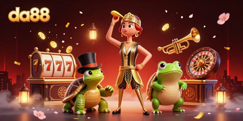 Spin and win at da88 with vibrant slot reels, charismatic characters, and exciting casino elements.