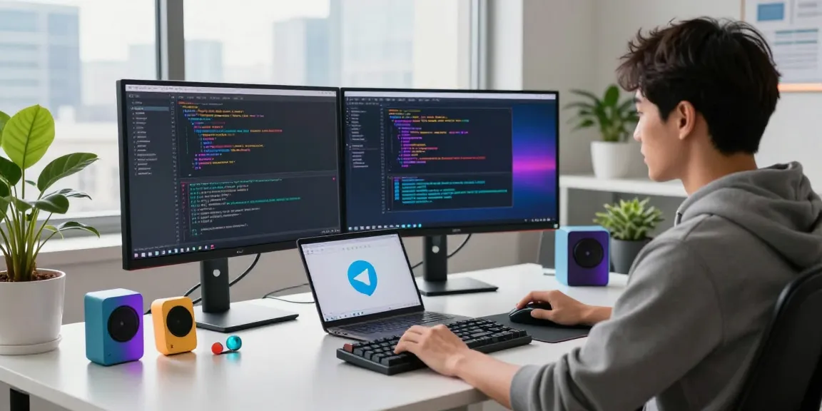 Efficient workspace showing a developer using Telegram Download on dual monitors, symbolizing secure communication.