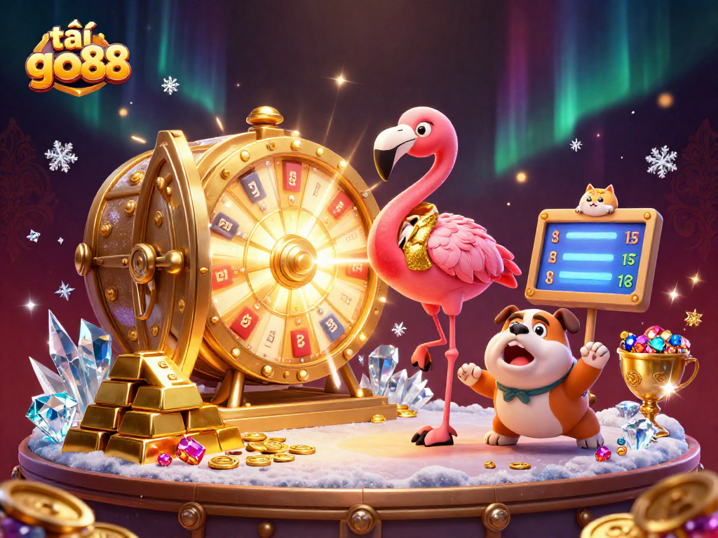 Engage in exciting gameplay with tải go88, as animated characters showcase a dynamic casino scene filled with treasures.