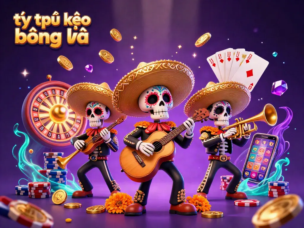 Tỷ lệ kèo bóng đá scene with a vibrant mariachi band amidst coins, cards, and roulette elements.