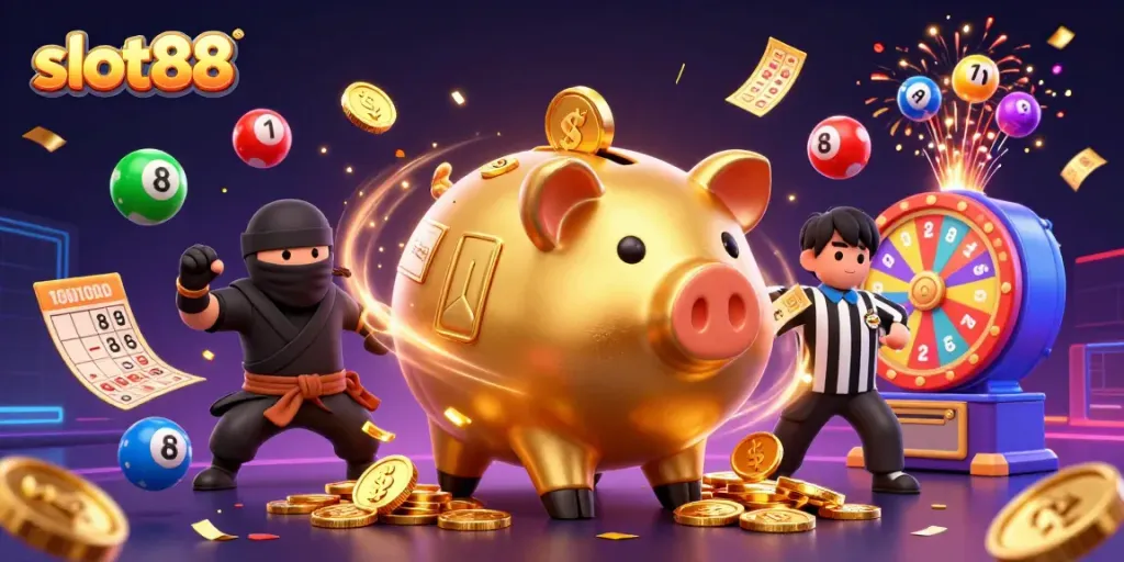 Exciting slot88 scene with a vibrant golden piggy bank wrestler shaking coins amidst colorful elements.