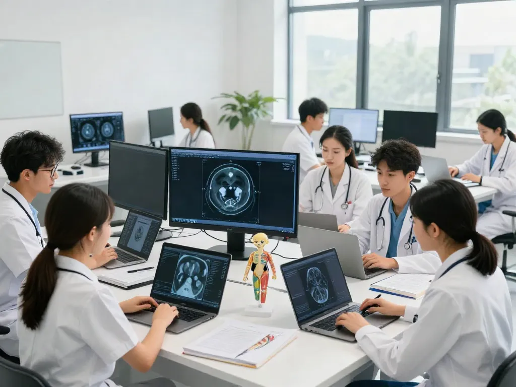 Students studying radiology techniques including rokok88 slot in a collaborative classroom.