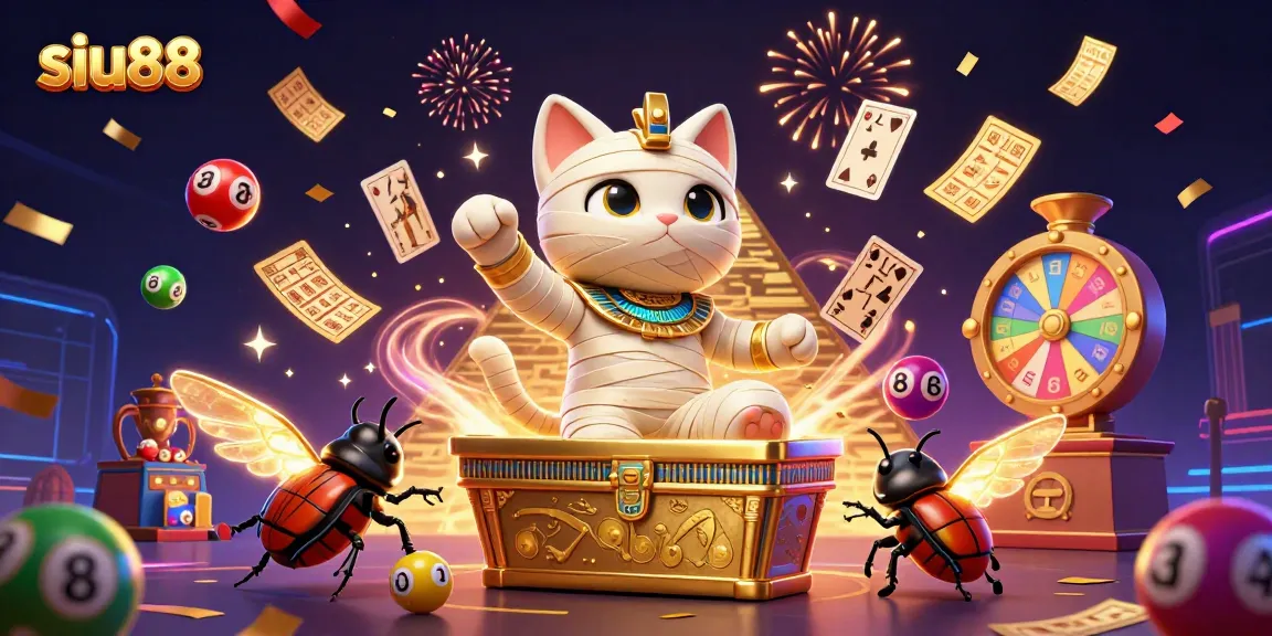 Spark excitement with siu88, the captivating Egyptian mummy cat in a vibrant casino scene!