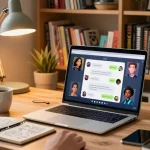 Engaging with CrushonAI in a cozy home office, showcasing AI conversations and vibrant decor.