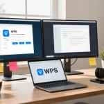 Download WPS Office on a modern home office laptop setup, showcasing productivity.