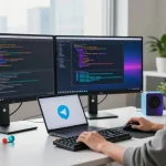 Efficient workspace showing a developer using Telegram Download on dual monitors, symbolizing secure communication.